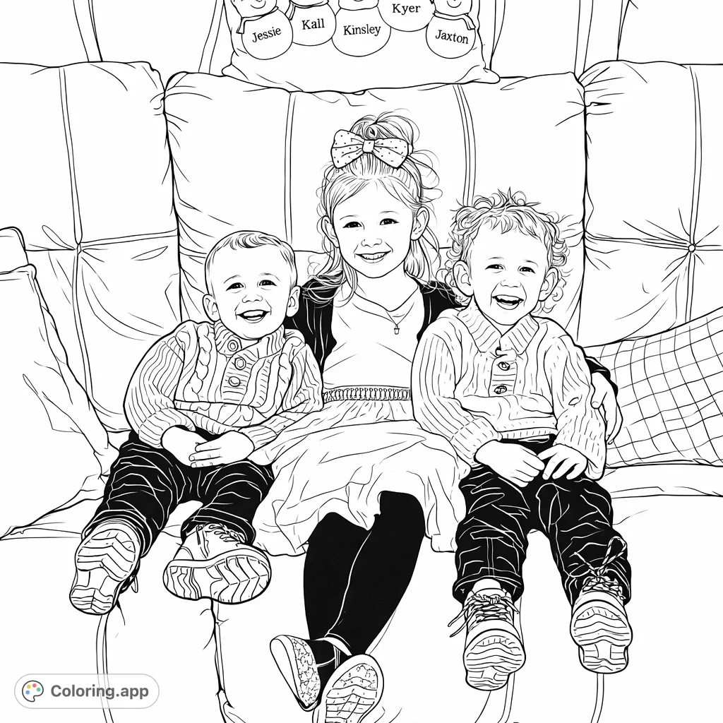Capture the joy of three smiling children on a cozy sofa, surrounded by festive pillows. A heartwarming family scene perfect for all ages to color and cherish.