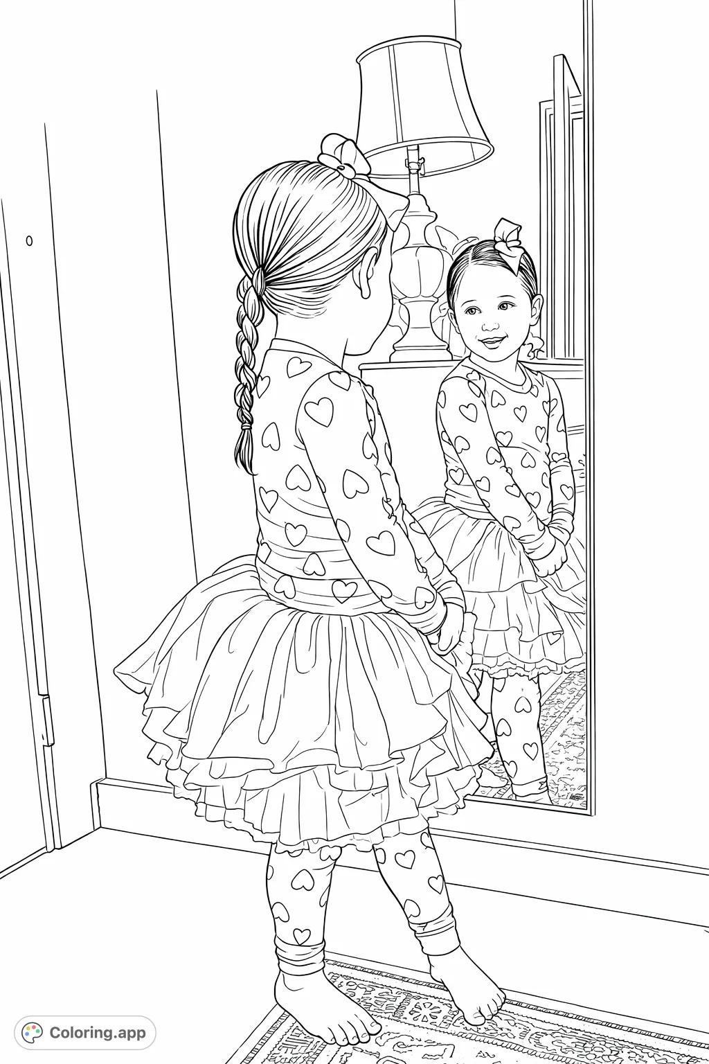 A charming young girl in a tutu gazes at her reflection, inviting imagination. This delightful coloring page captures a moment of joy, perfect for creative expression.