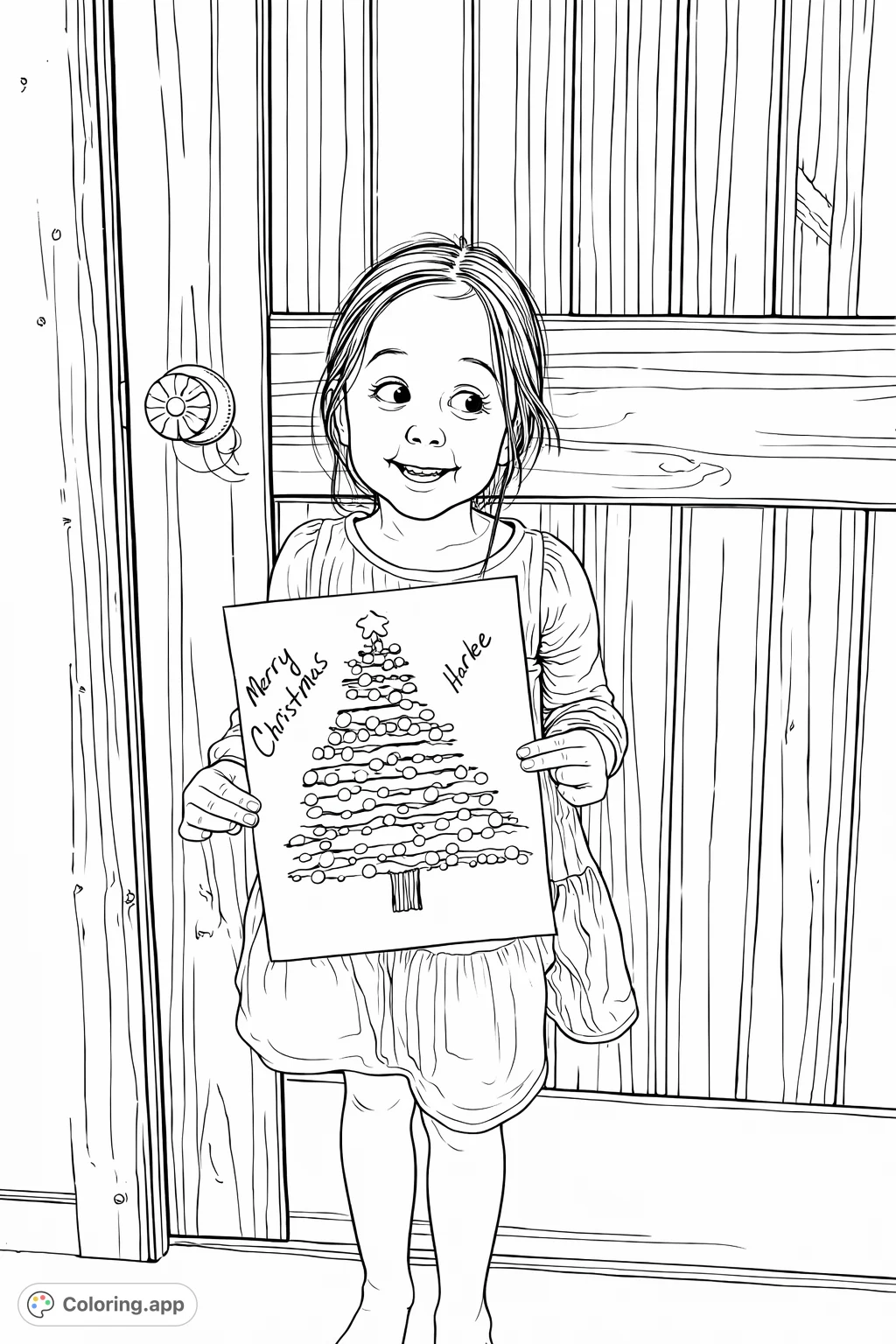 A joyful child presents their self-made festive tree art, adorned with charming shapes and text. A delightful scene perfect for holiday coloring fun.