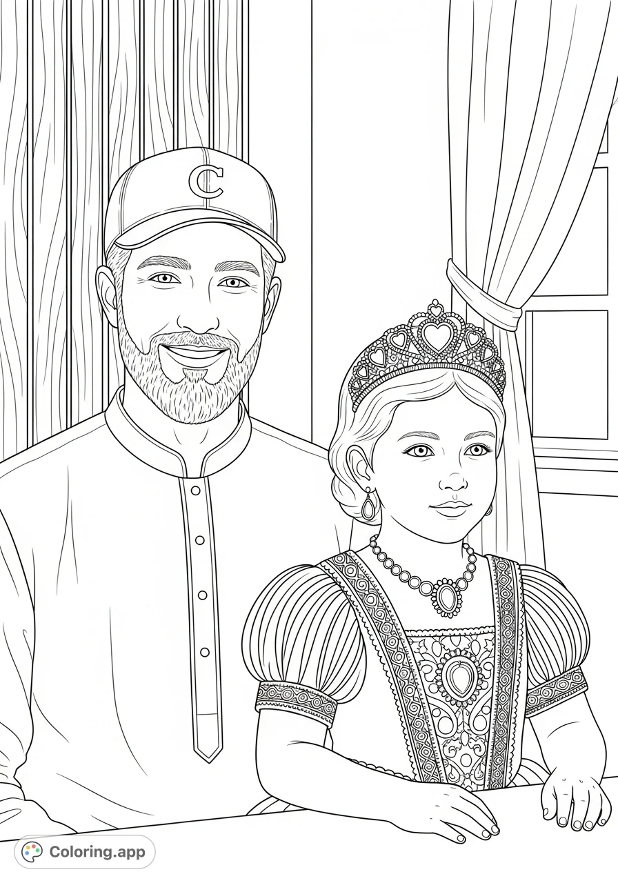 A heartwarming family portrait coloring page featuring a smiling man and a child in an elaborate dress, seated at a table with a detailed background.
