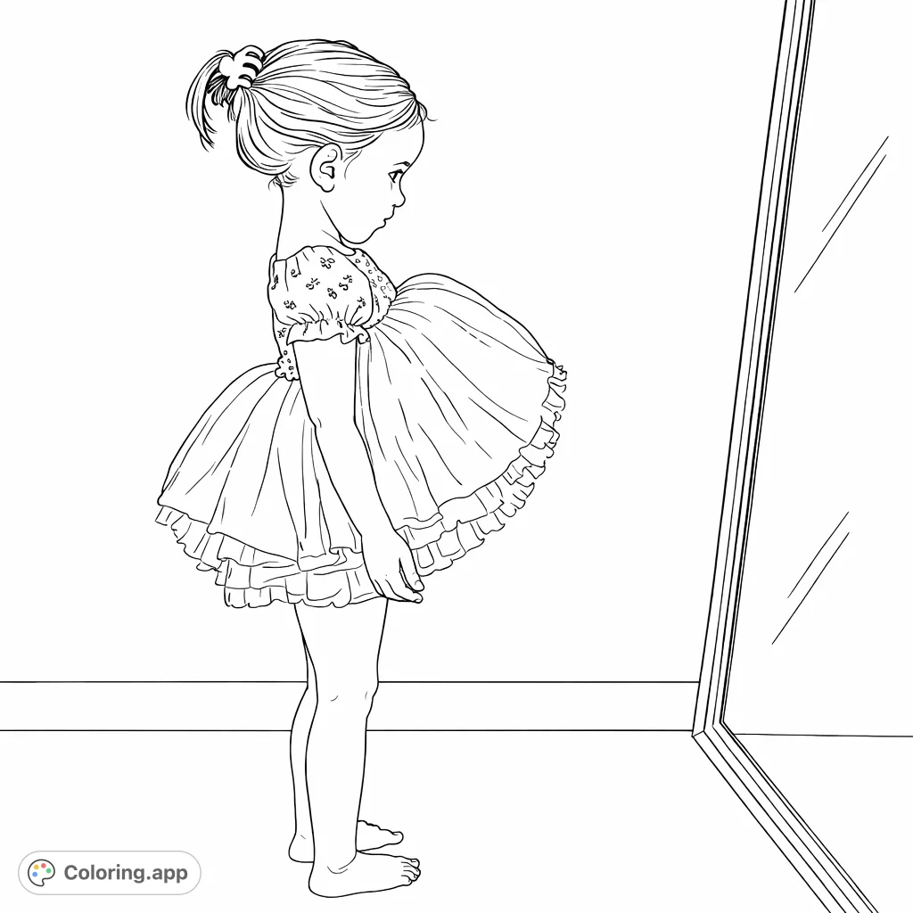 A sweet child in a fluffy skirt gazes into a tall mirror, ready for imaginative play. Perfect for young dreamers and budding artists to color.