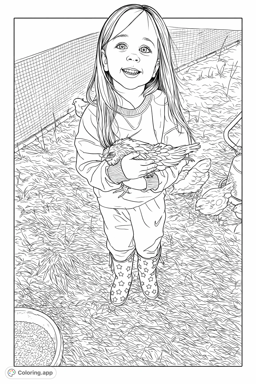 A joyful child gently holds a chicken in a farm setting. Features a smiling face, patterned boots, and a rustic coop background.