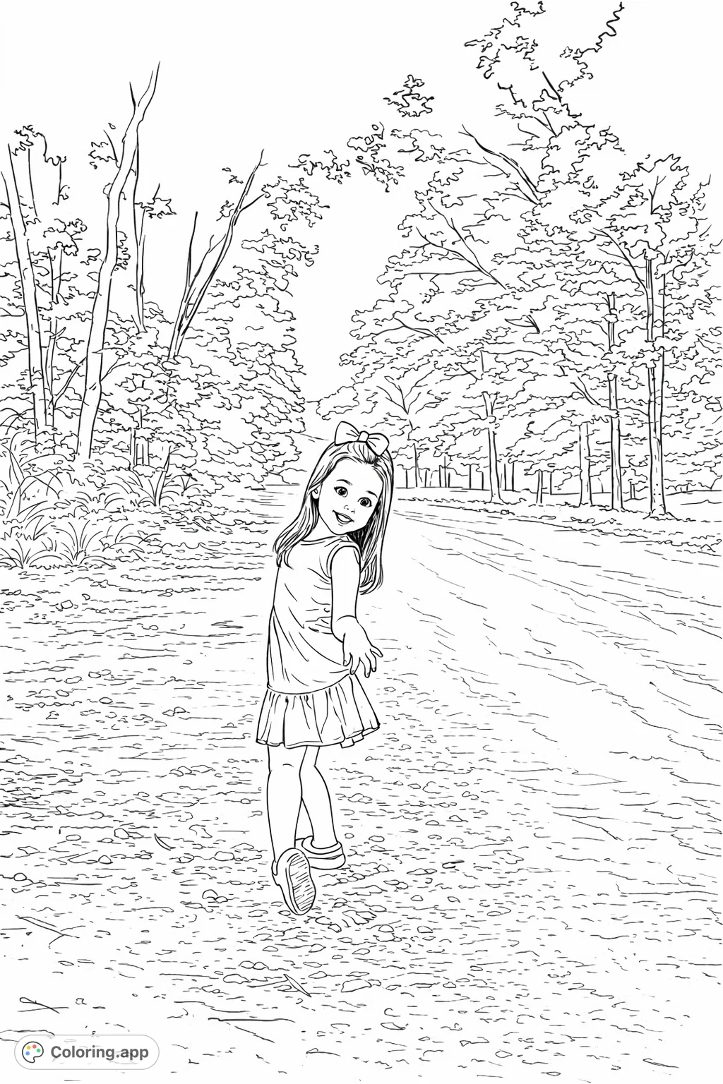 A delightful child portrait coloring page featuring a smiling girl on a scenic country road, perfect for creative expression and imaginative play.