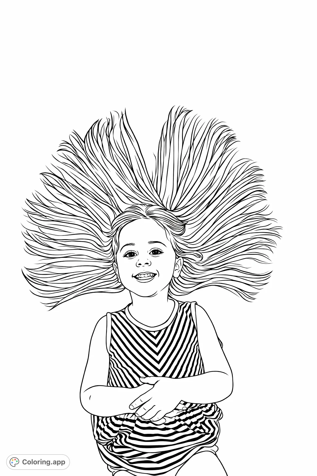 A delightful coloring page featuring a smiling child with their long hair spread out in a fan shape, perfect for creative expression.