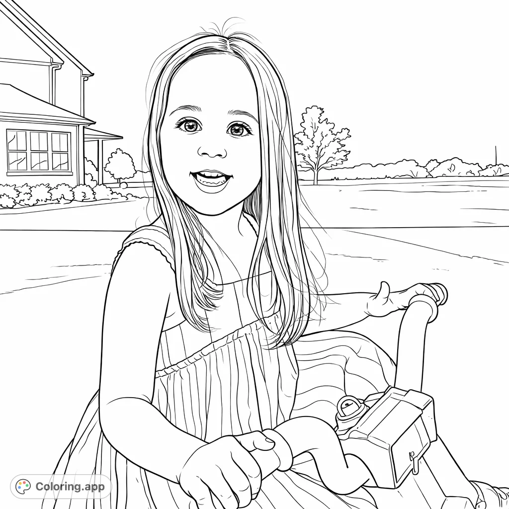 A joyful young girl on her tricycle, captured with a beaming smile. Features a house and open landscape in the background, offering delightful details for coloring fun.