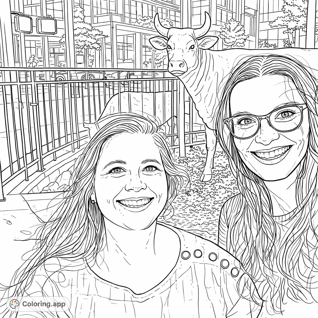 Two smiling friends pose with a detailed cow statue behind a fence. This charming scene offers a fun coloring experience with urban background details.
