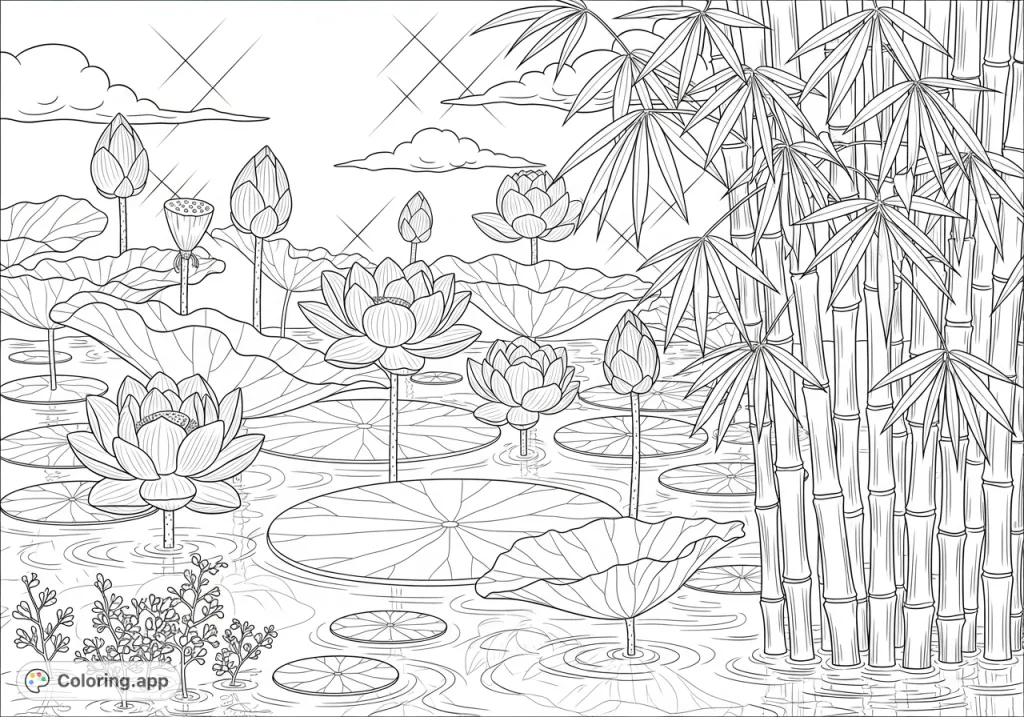 Discover tranquility with this detailed lotus pond coloring page. Featuring blooming lotus flowers, lily pads, and graceful bamboo.
