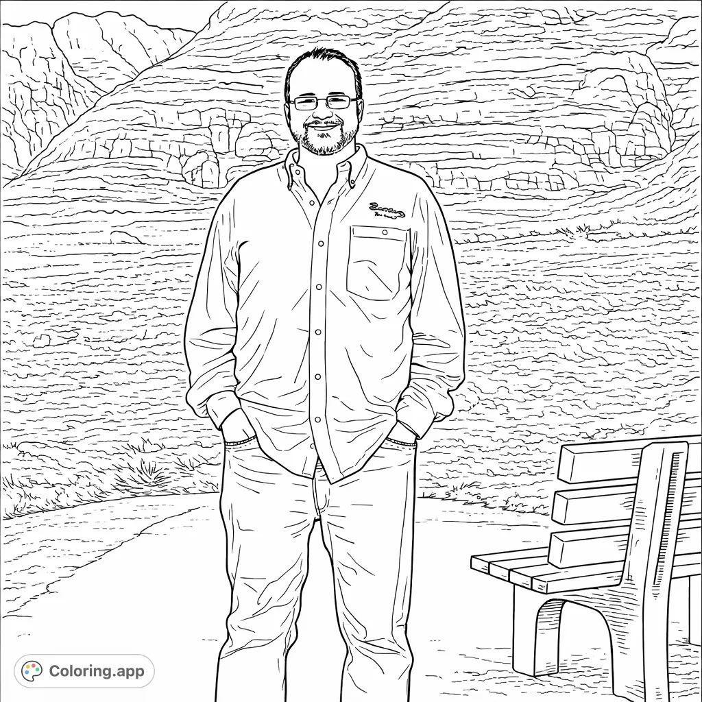 Color a smiling man with glasses and a beard, standing in a vast mountain landscape with a wooden bench, perfect for a relaxing scene.