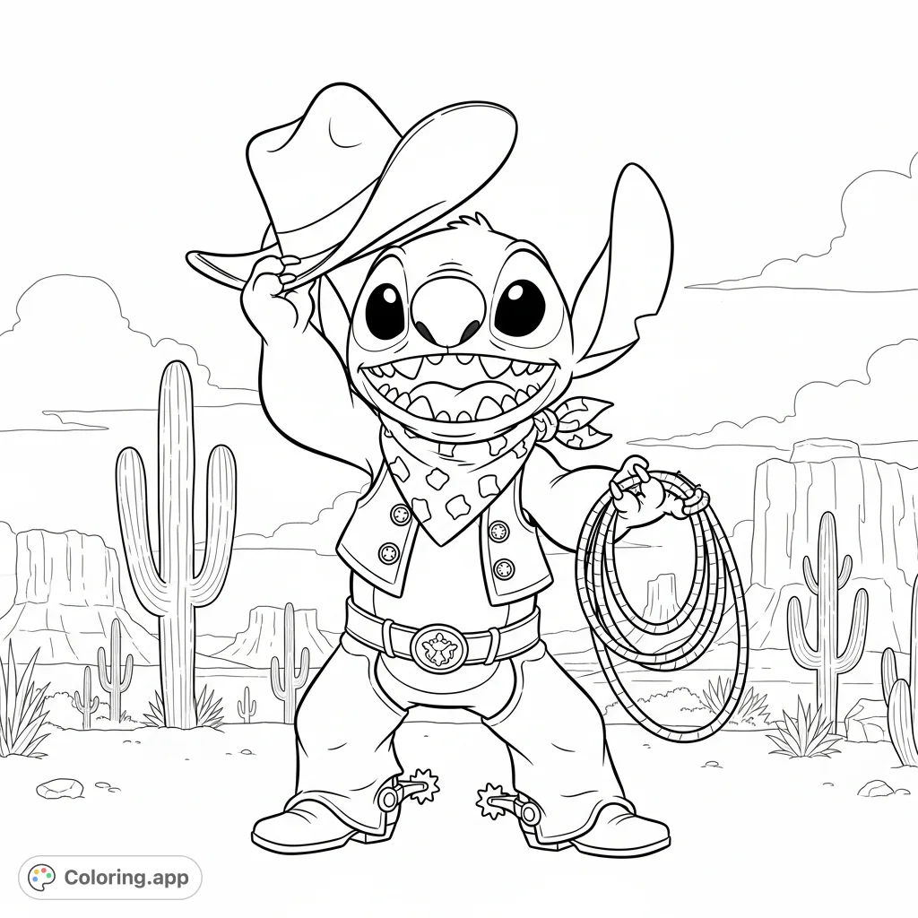 Join Stitch, the playful alien, in a wild western adventure! This free printable Stitch cowboy coloring page is packed with fun details for all ages.