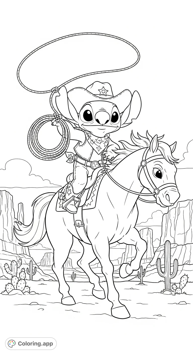 Join Stitch on a thrilling cowboy ride! This free printable coloring page features the beloved alien experiment in western gear, galloping across a rugged desert landscape.