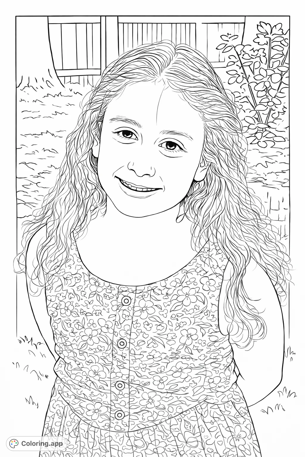 A delightful coloring page featuring a smiling young girl in a beautifully patterned floral dress, set against a charming outdoor backdrop.