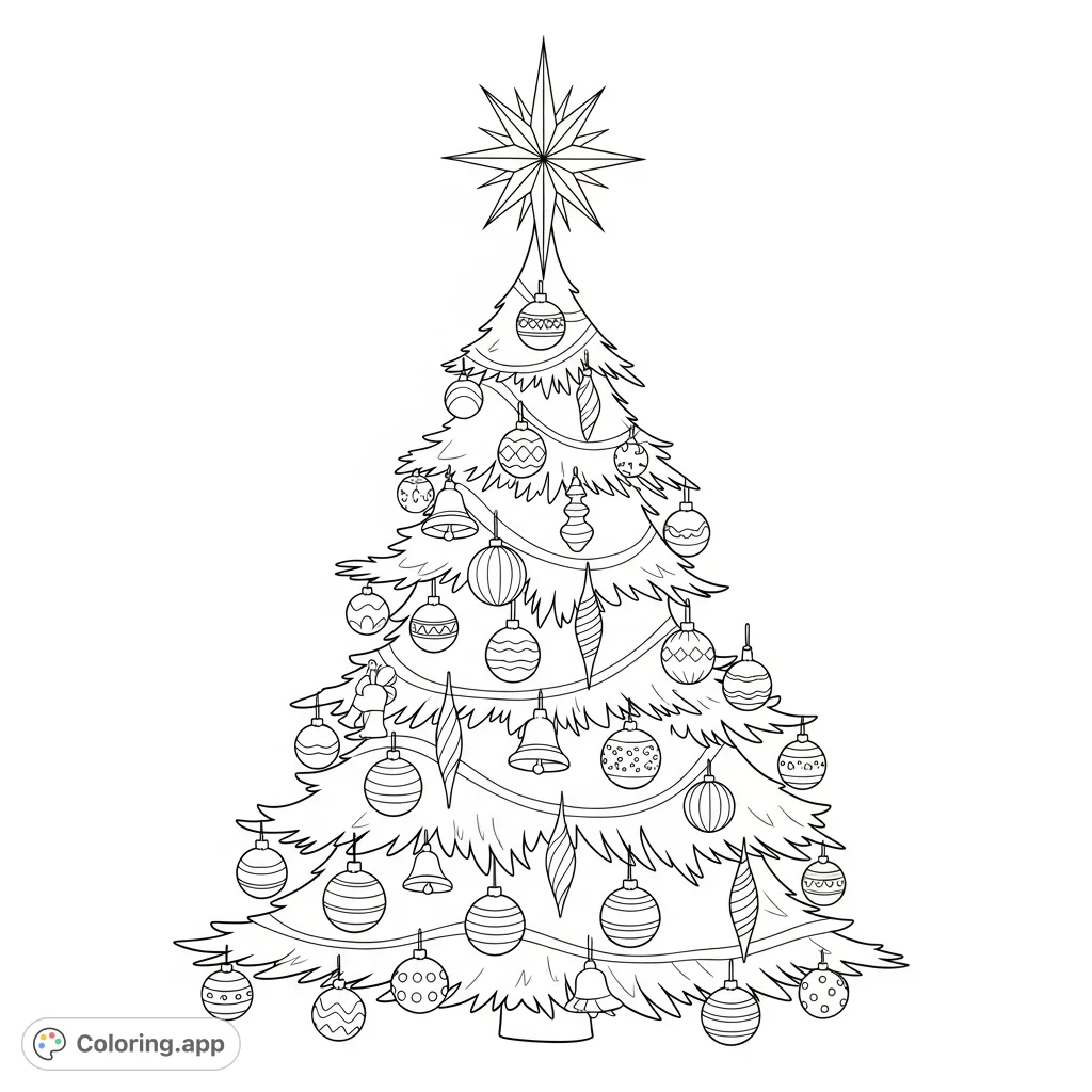 A beautifully adorned Christmas tree, topped with a prominent star and sparkling with various ornaments. Perfect for festive coloring.