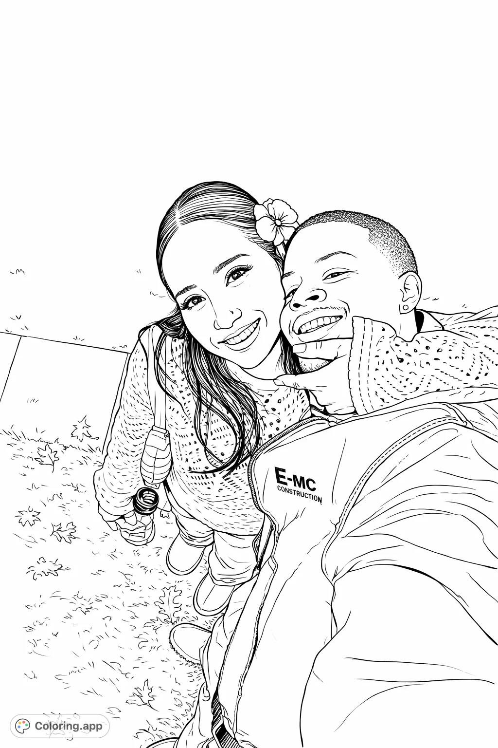 A sweet outdoor portrait of a smiling couple, capturing a moment of affection. Features textured clothing, a unique flower detail, and a natural setting.