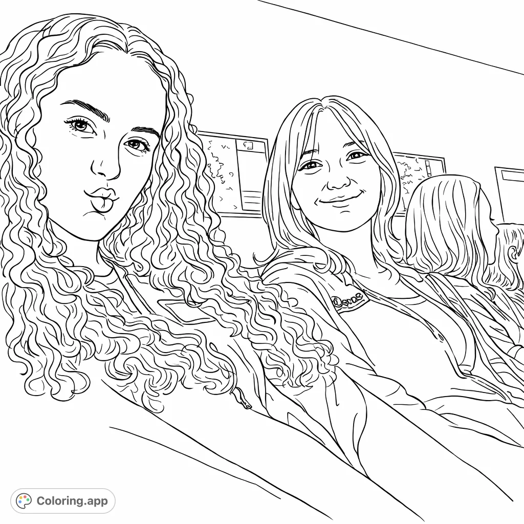 Capture a sweet moment with this free printable teens coloring page featuring two young women with distinct hairstyles and expressions. Perfect for creative fun!
