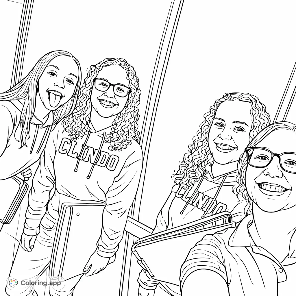 Four cheerful friends capture a fun moment, showcasing playful expressions and casual attire. A great people coloring page for all ages.