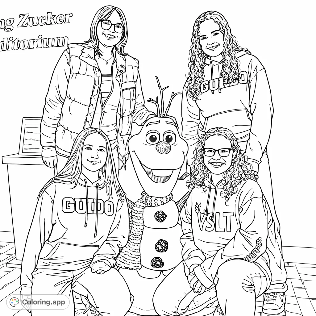 A delightful coloring page featuring four cheerful friends posing with a charming snowman character against a whimsical backdrop, perfect for creative expression.