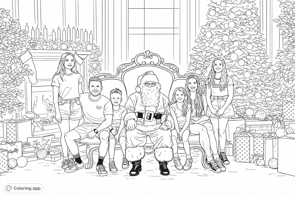Join Santa and a joyful family in a festive scene surrounded by a grand tree, fireplace, and presents. A delightful Christmas coloring adventure awaits!