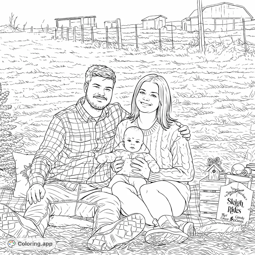 Capture a heartwarming family moment! This coloring page features a happy family with their baby, surrounded by festive outdoor decorations, perfect for creative expression.