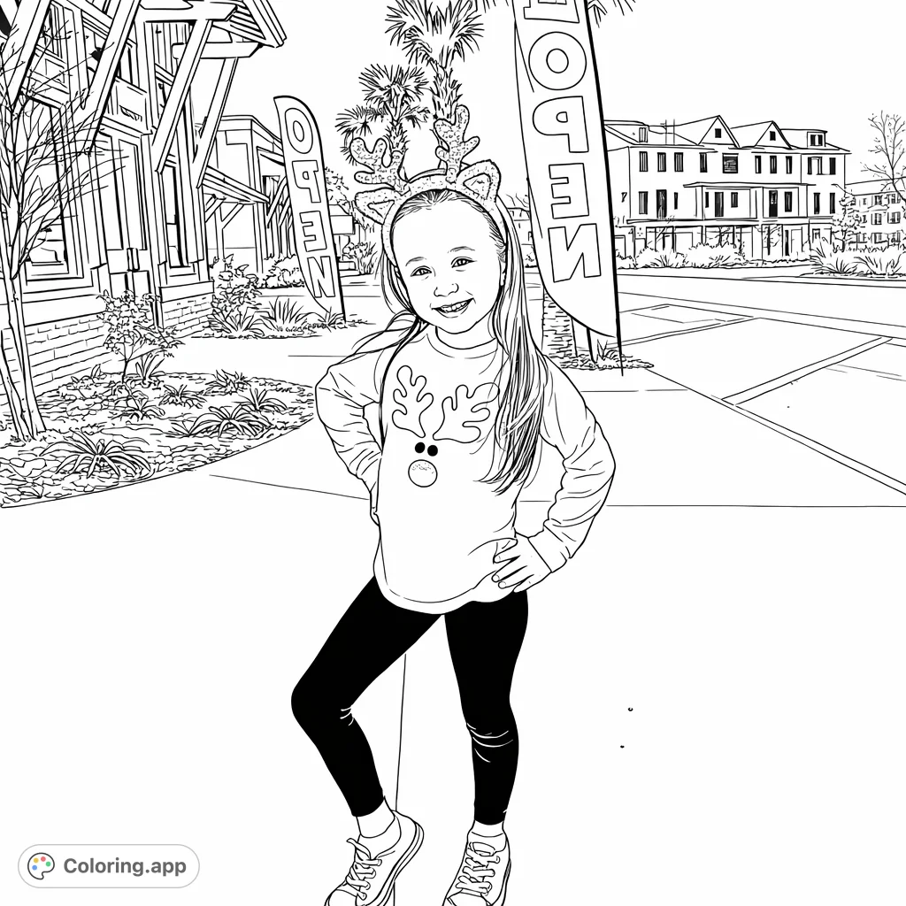 A charming girl in a reindeer shirt and festive antlers stands ready for fun. Perfect for a holiday-themed coloring adventure.