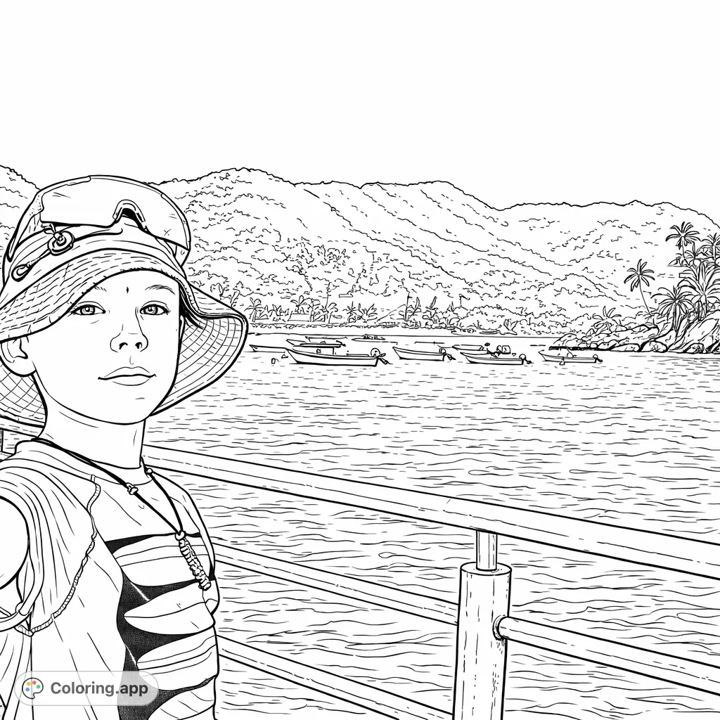 A charming coloring page featuring a child in a sun hat and surfboard shirt by the coast, with boats and mountains in the background. Perfect for a relaxing escape.