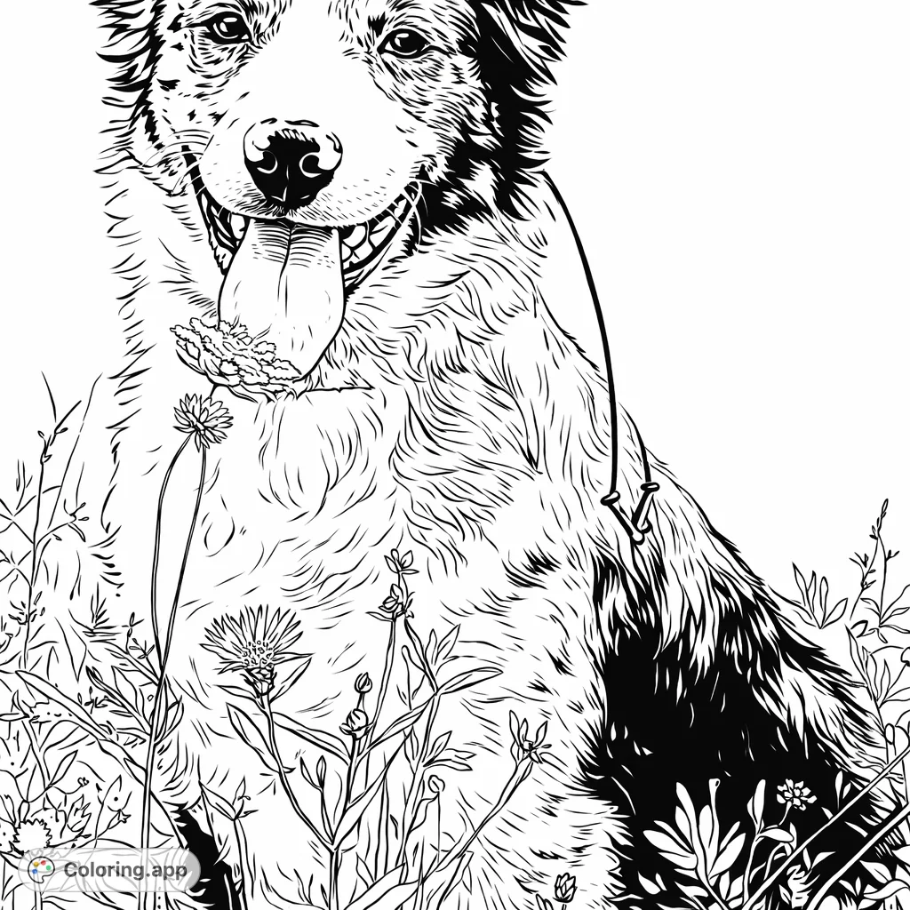 A joyful dog with unique patterned fur sits in a field of tall grass and wildflowers, a small insect resting on its tongue. Perfect for detailed coloring fun!