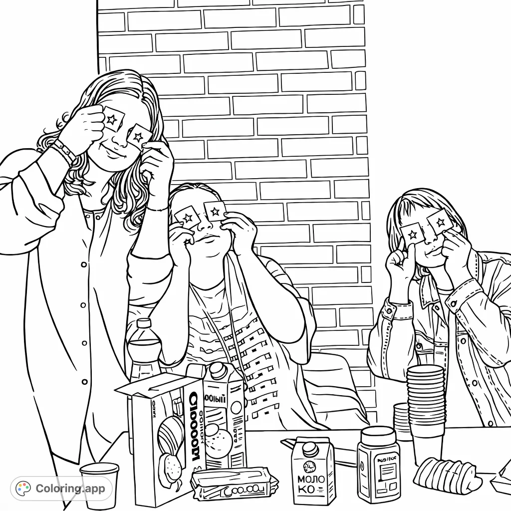 Three friends playfully cover their eyes with cards, gathered around a table filled with snacks. A fun scene perfect for coloring, full of details.