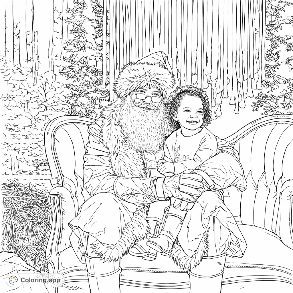 A heartwarming holiday scene featuring a jolly Santa figure with a cheerful child on his lap, seated on a grand couch amidst a festive forest backdrop.