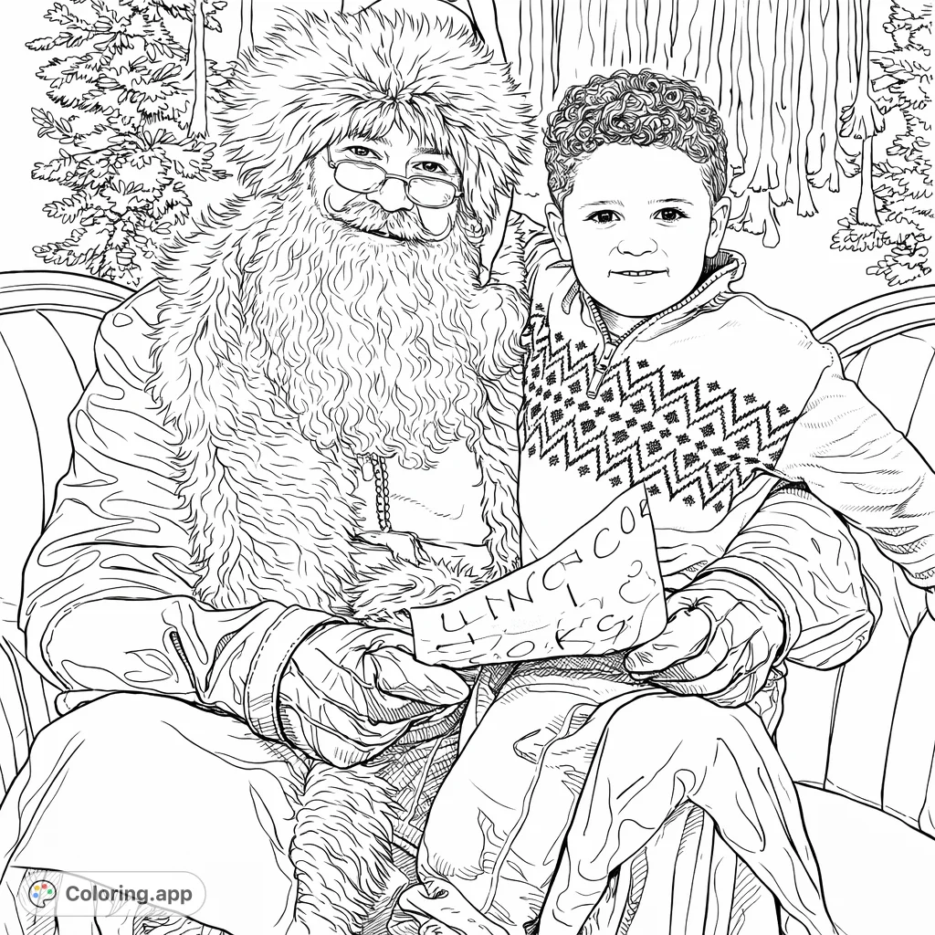 A heartwarming Christmas coloring page featuring Santa Claus with a smiling child on his lap, holding a special holiday letter. Perfect for festive fun!