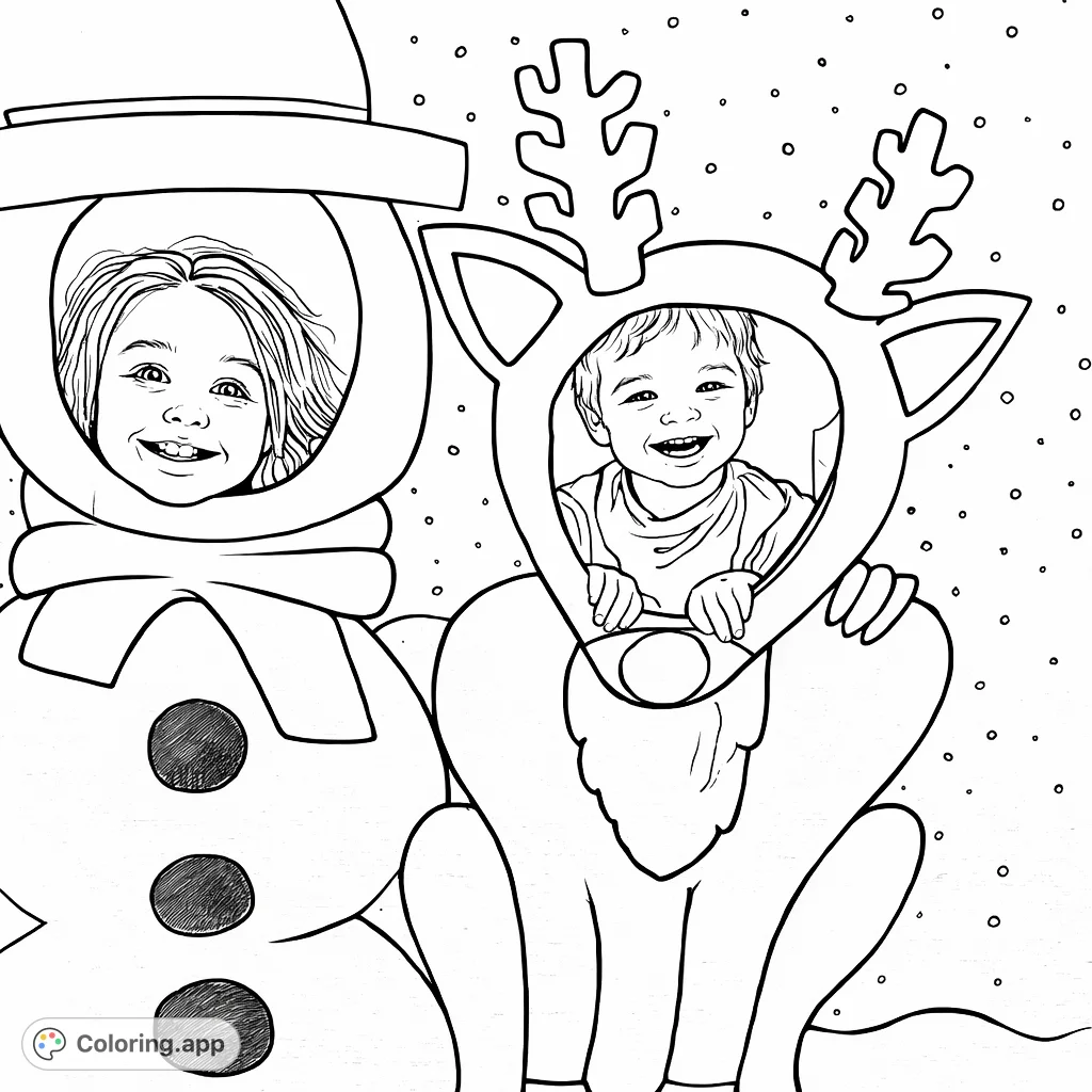 A delightful holiday coloring page featuring a cheerful snowman and a playful reindeer cutout, perfect for seasonal fun and creative expression. Great for festive activities.