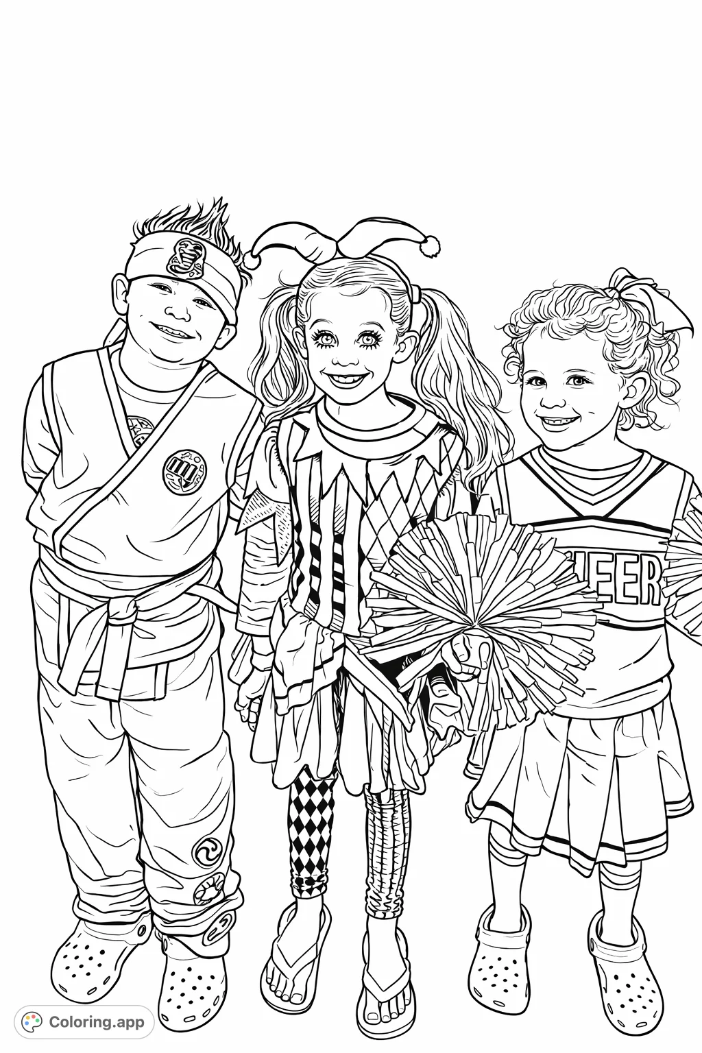 A delightful scene of three children in fun costumes: a martial artist, a jester, and a cheerleader. Perfect for imaginative coloring adventures!