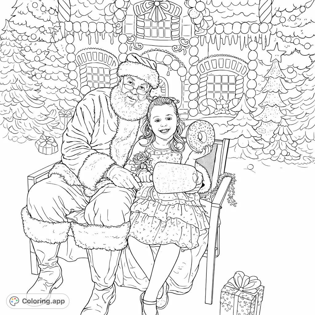 A heartwarming festive scene featuring Santa Claus and a happy child holding sweet treats in front of a whimsical gingerbread house and decorated fir trees. Celebrate the holidays!