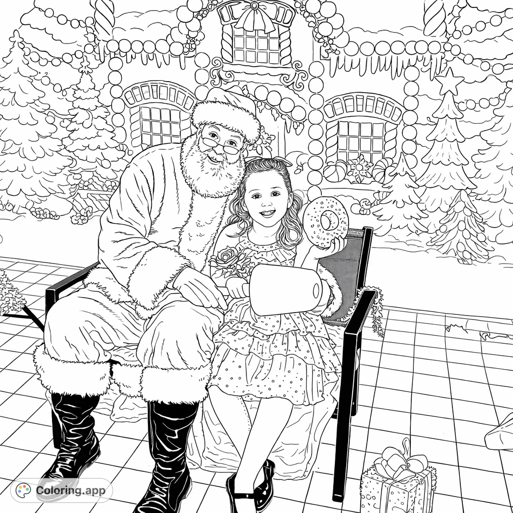 Capture the holiday spirit with Santa and a joyful child holding festive treats against a whimsical gingerbread backdrop. Perfect for all ages!