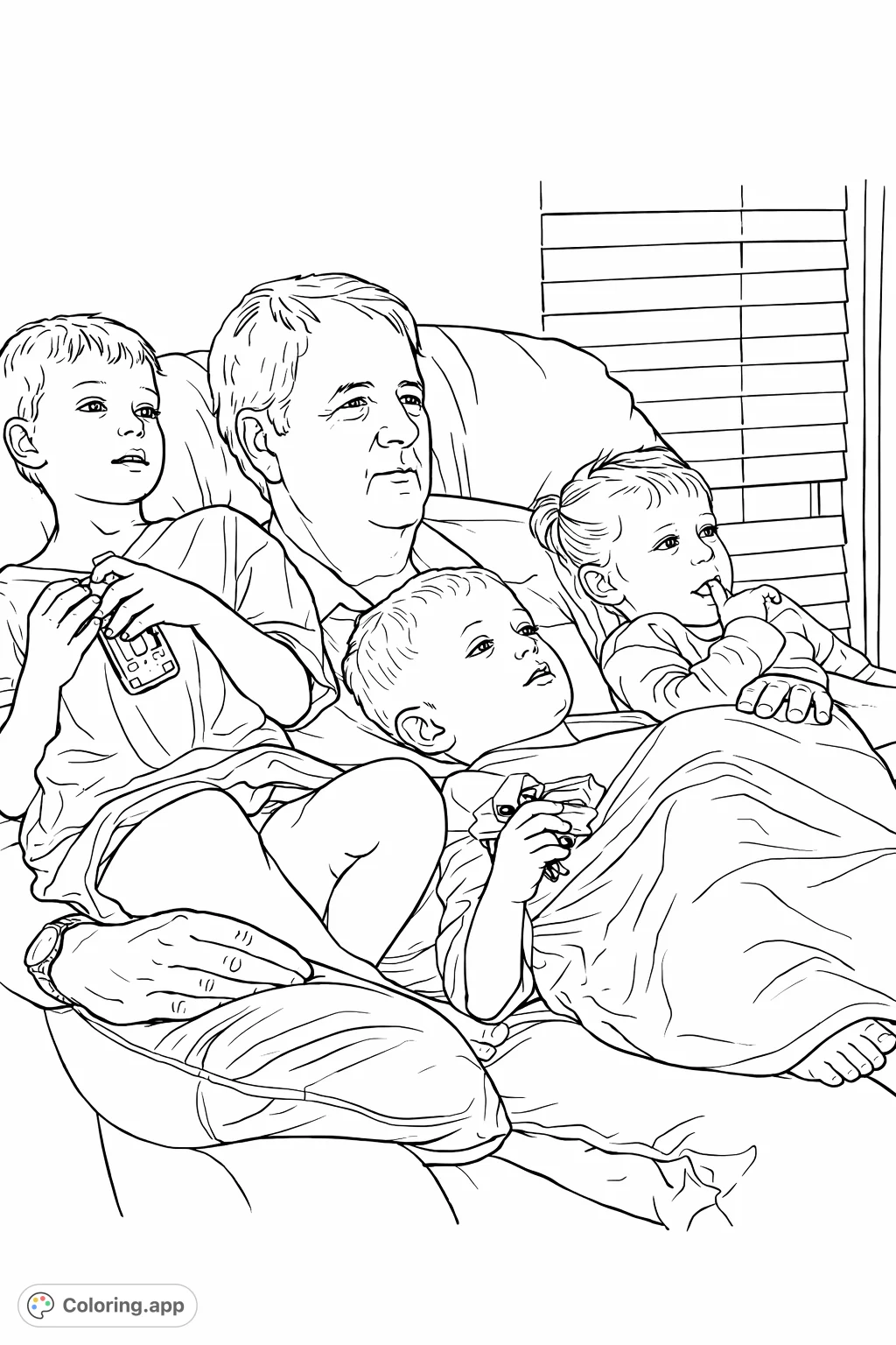 A heartwarming family scene featuring a grandparent and three grandchildren enjoying a quiet moment together on a comfortable couch. Free printable family coloring page.