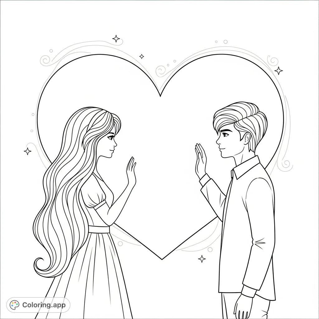 A heartwarming scene featuring a boy and a girl on either side of a prominent heart, ready for personal artistic expression. Perfect for friendship or love.
