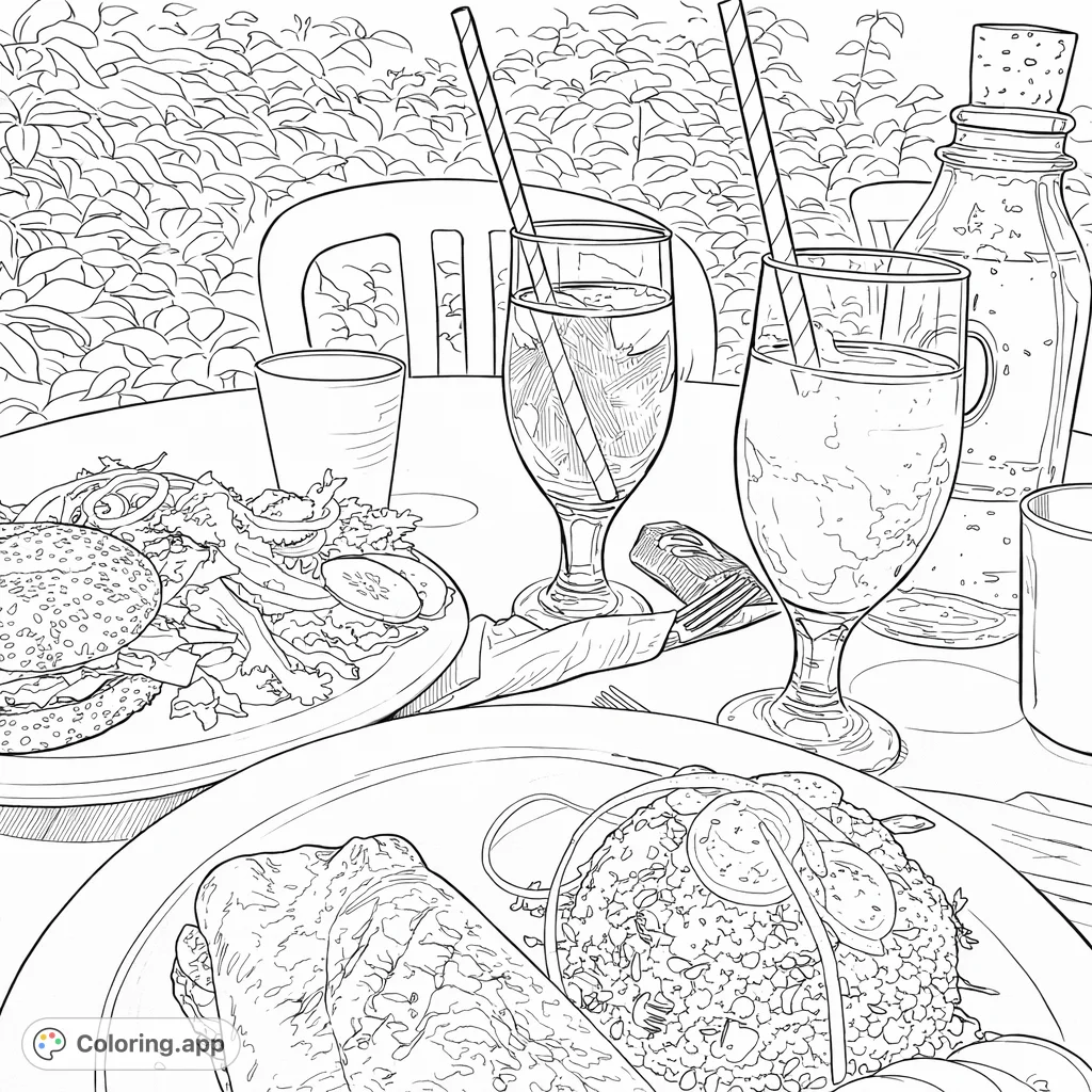 A detailed outdoor dining scene featuring sandwiches, salads, and refreshing drinks, set amidst lush garden foliage. Perfect for a relaxing coloring experience.