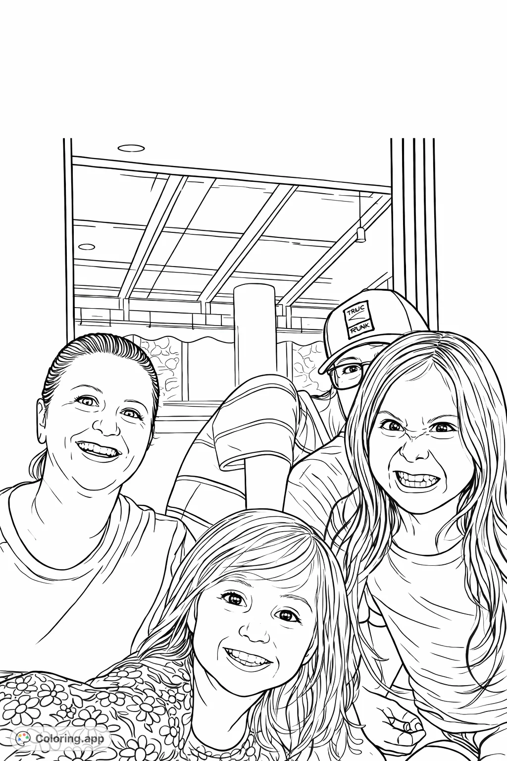 Capture joy with this family portrait coloring page! Featuring a smiling woman, two expressive girls, and a man in the background.