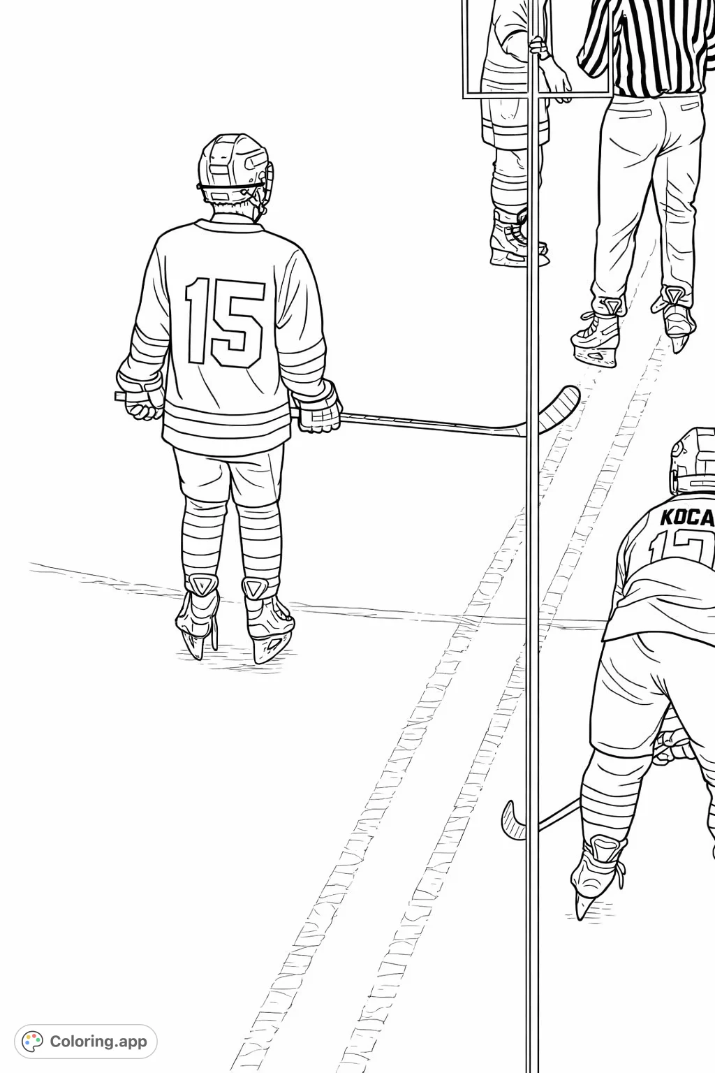 Dive into the fast-paced world of hockey! This detailed coloring page features a player in full gear on the ice, ready for action.