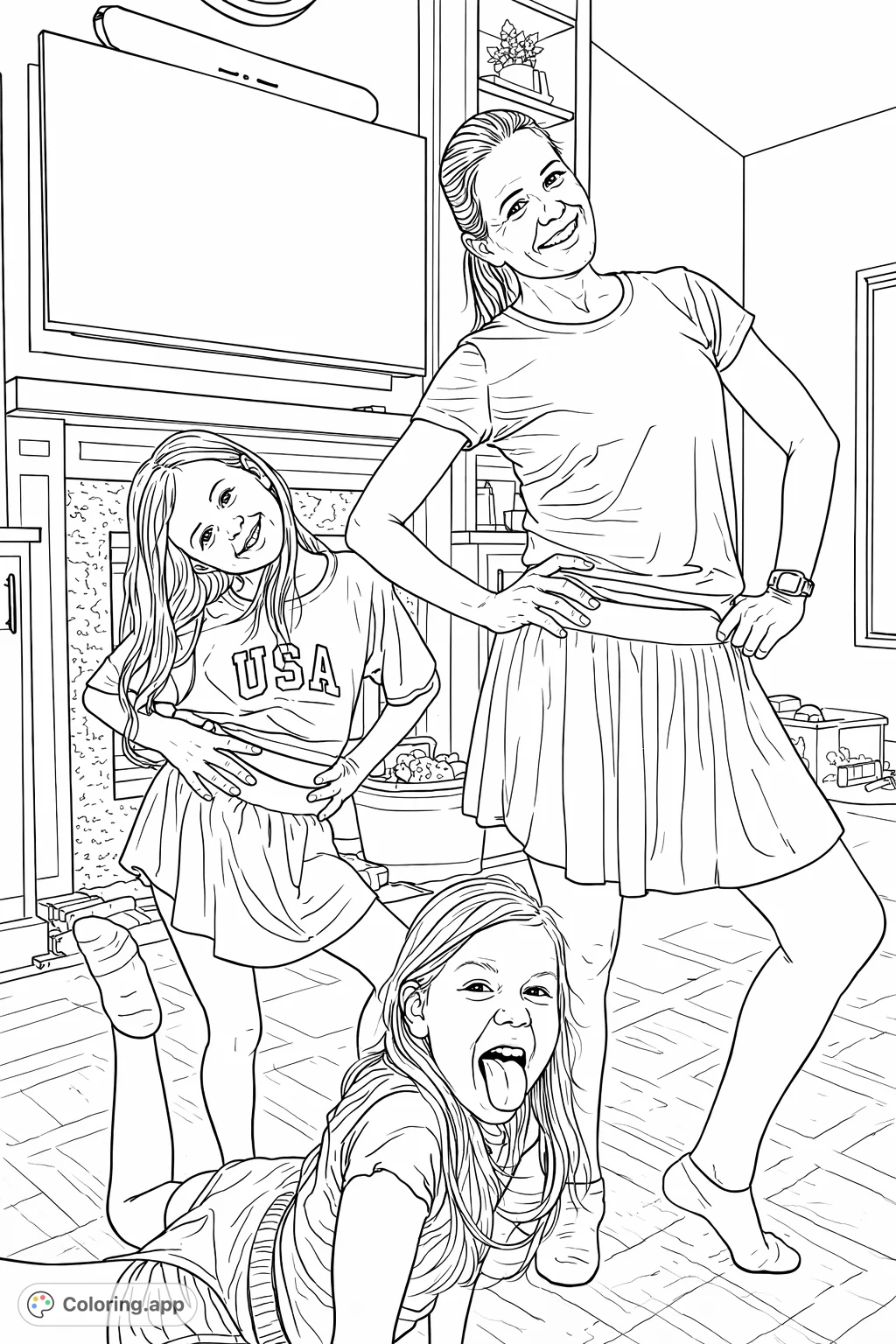Capture a moment of family fun with three expressive figures striking playful poses in a cozy home setting. Perfect for creative coloring!