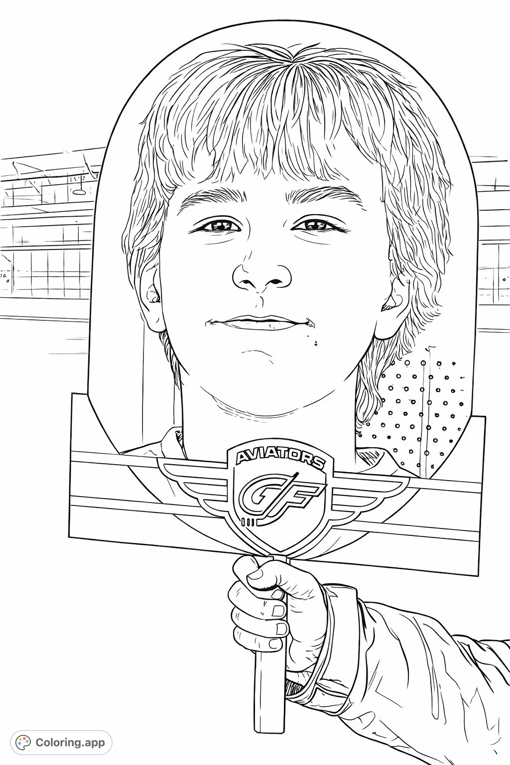 A charming coloring page featuring a young person's face on a fan cutout, complete with a sports team logo and a hand holding the support stick.