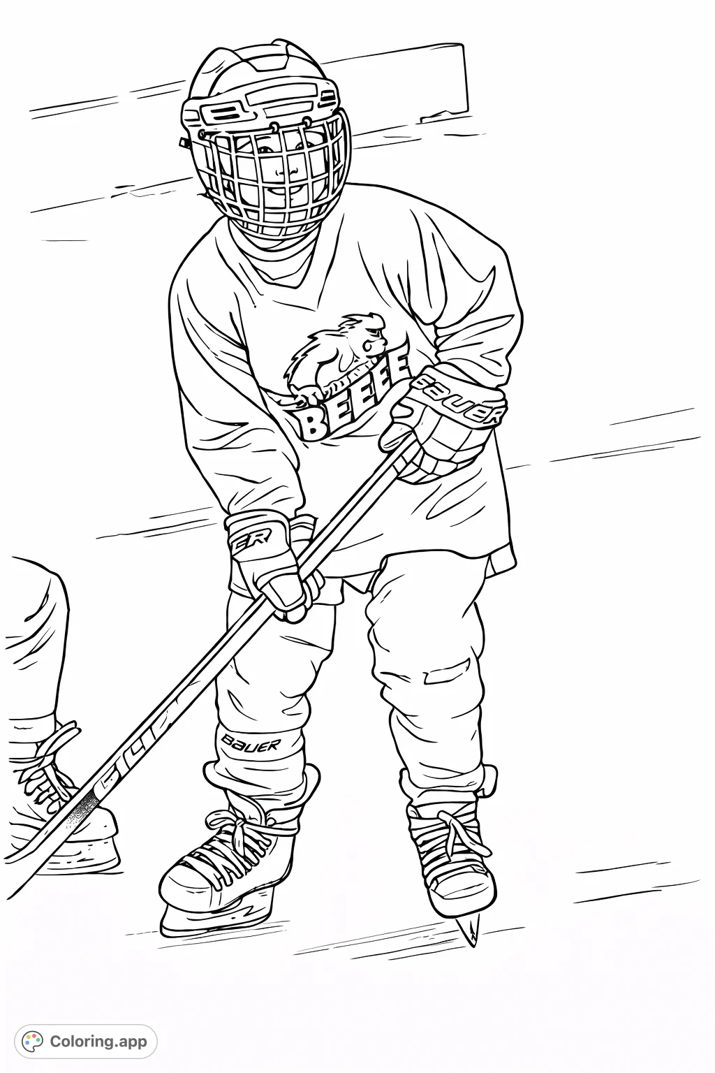 A dynamic ice hockey coloring page featuring a young player in full gear on the rink, stick in hand, ready for action. Perfect for sports enthusiasts!