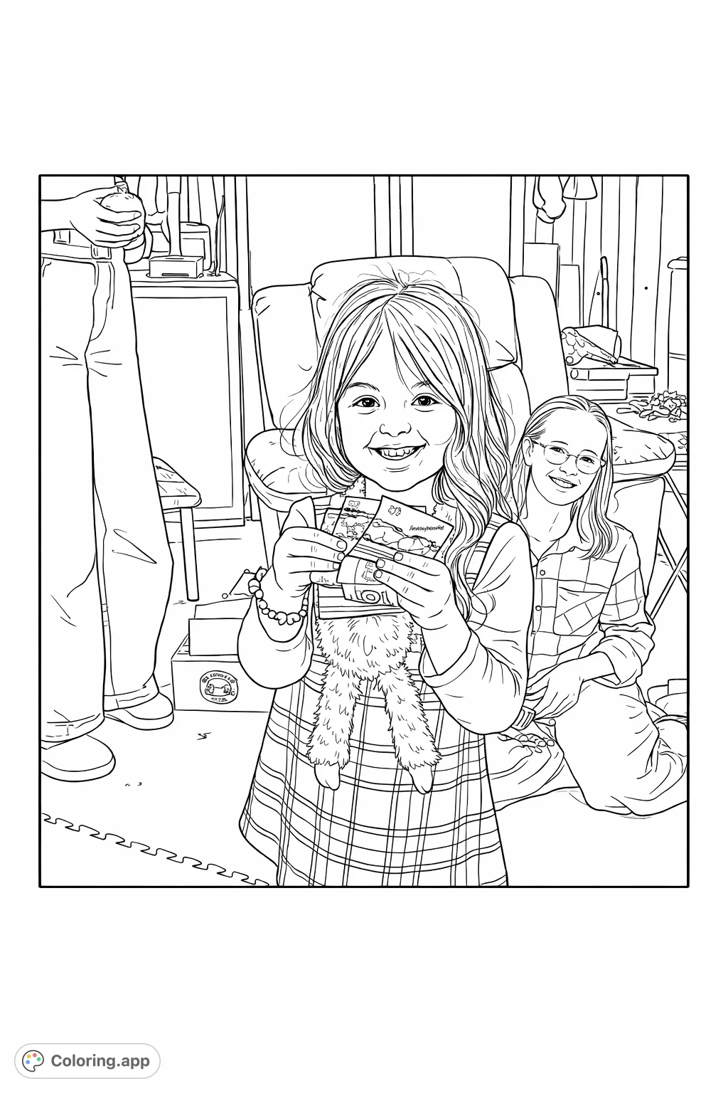 A joyful child proudly displays a stack of bills and a fluffy toy, surrounded by family. Features a detailed plaid dress, perfect for creative coloring.