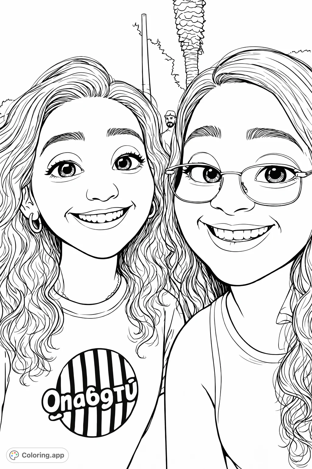 Capture the joy of friendship with this portrait of two cheerful women. Features detailed hair, expressive smiles, and unique accessories, perfect for personalized coloring fun.