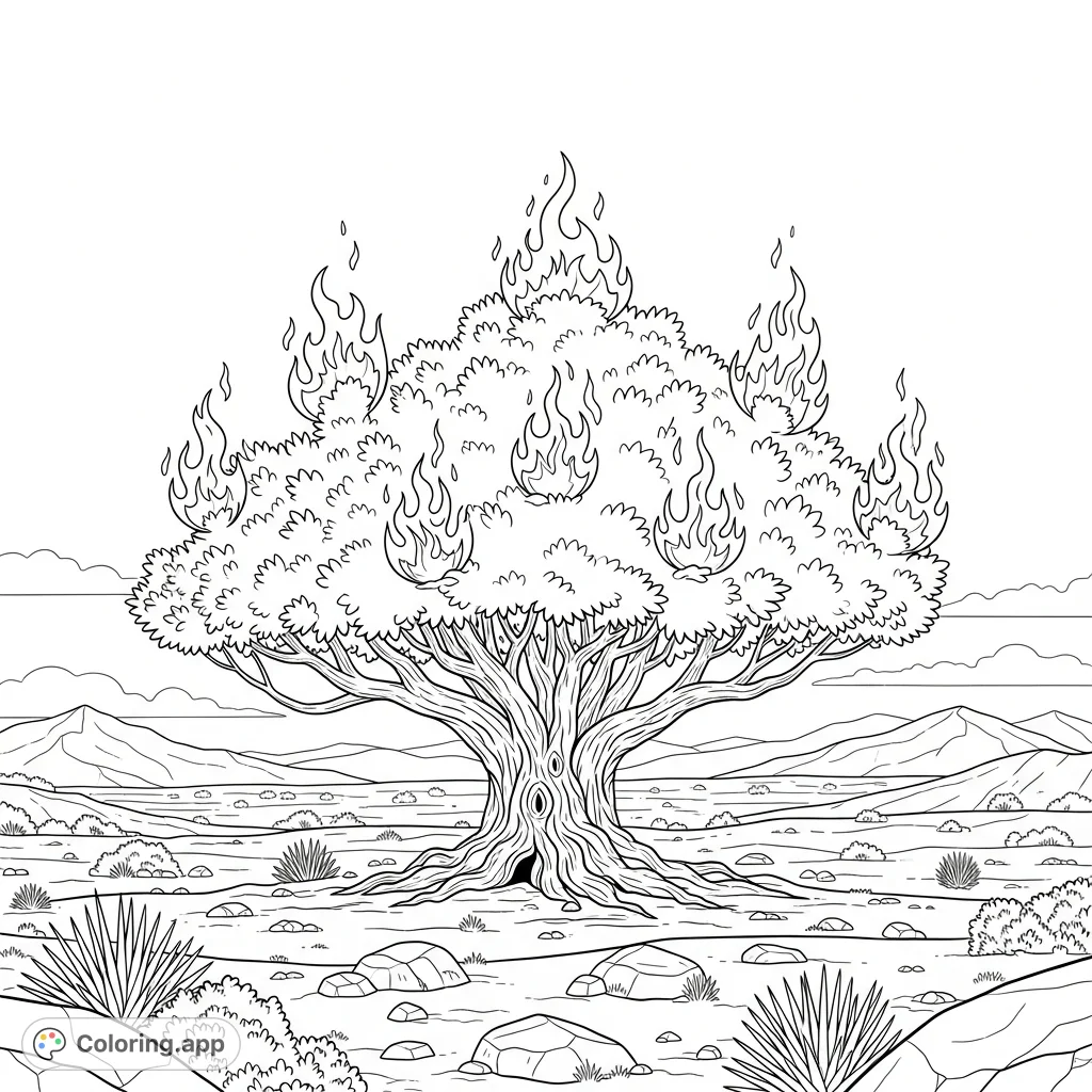 Immerse yourself in the ancient story with this burning bush coloring page, depicting the miraculous sight in a serene desert landscape, perfect for reflection.