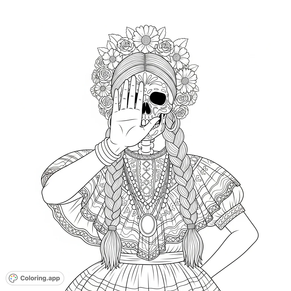 An intricate Mexican folk dancer (Bailarines) with a skull face, adorned with flowers and an elaborate dress, offering a challenging and culturally rich coloring experience.