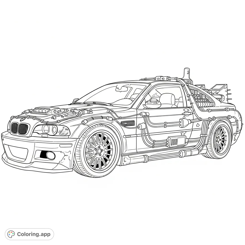 A detailed BMW E46 M3 transformed into a retro-futuristic time machine, featuring intricate conduits, a flux capacitor, and dynamic multi-spoke wheels, captured in motion.