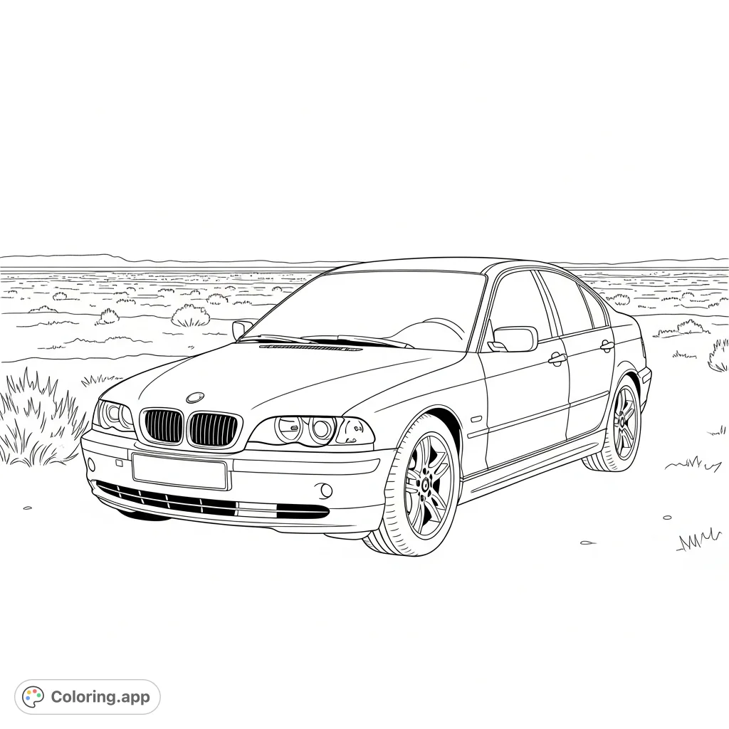 Capture the iconic late 2000s BMW E46 parked in a desolate, open landscape. Perfect for car enthusiasts to detail every line and curve of this classic sedan.