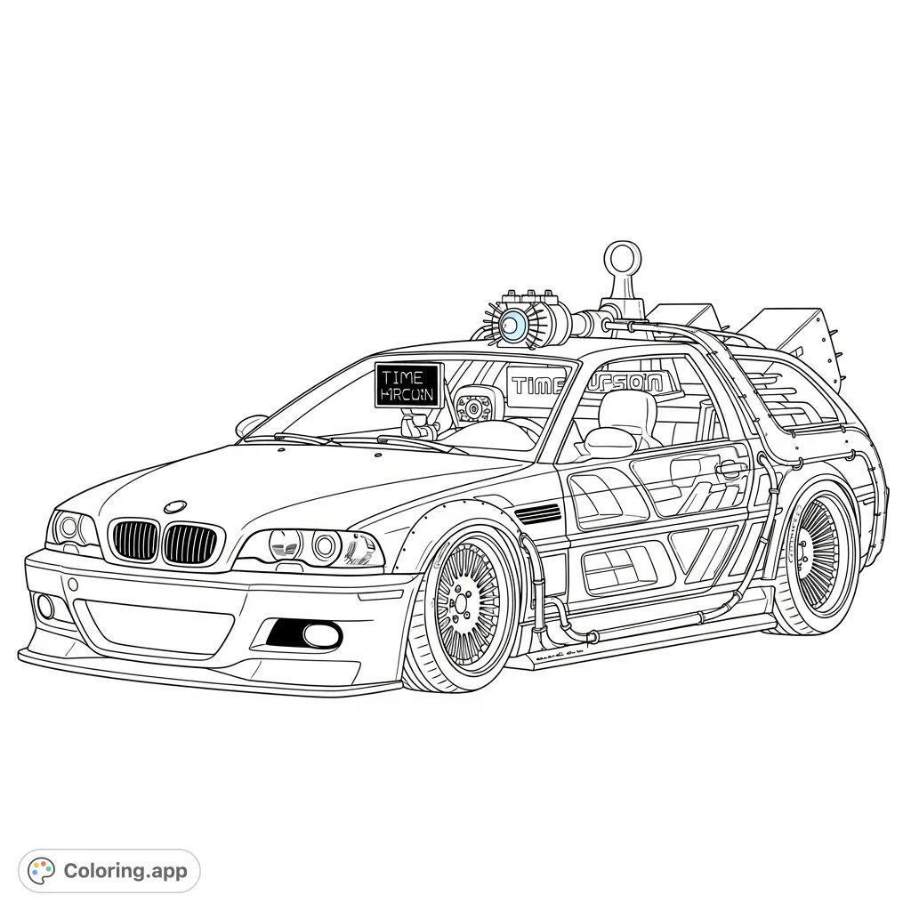 Experience a unique Back to the Future BMW e46 M3 CSL wagon with DeLorean parts and a widebody, captured in a dynamic, high-speed pose.