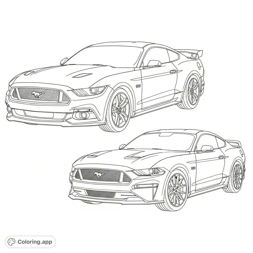 Experience the thrilling evolution of American muscle with two iconic Mustang GT models, the 2018 S550 and 2025 S650, presented side-by-side for a dynamic coloring challenge.
