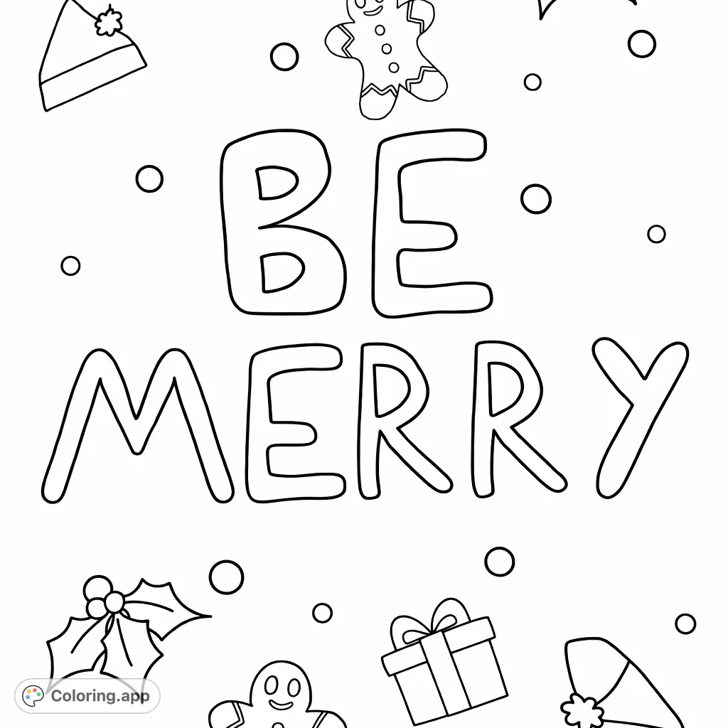 A cheerful holiday coloring page featuring the bold phrase 'BE MERRY' surrounded by adorable festive elements like gingerbread, holly, gifts, and winter hats.