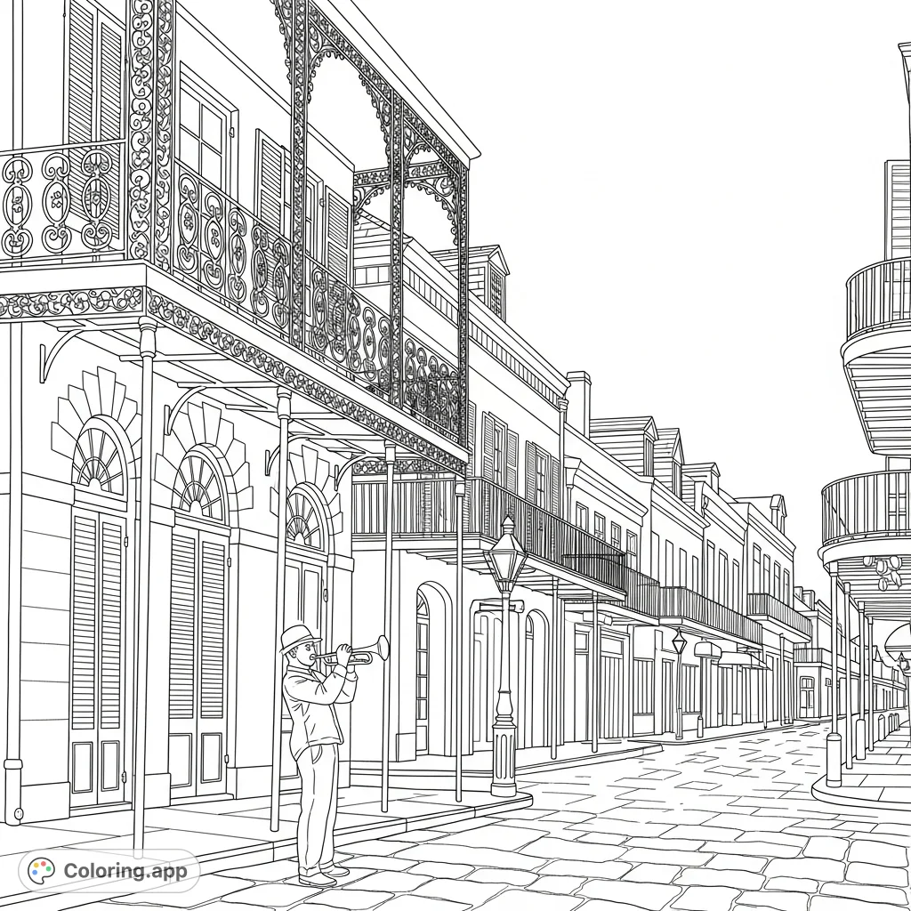 Explore the vibrant charm of New Orleans with this intricate street scene, featuring historic architecture, detailed wrought iron balconies, and a street musician.